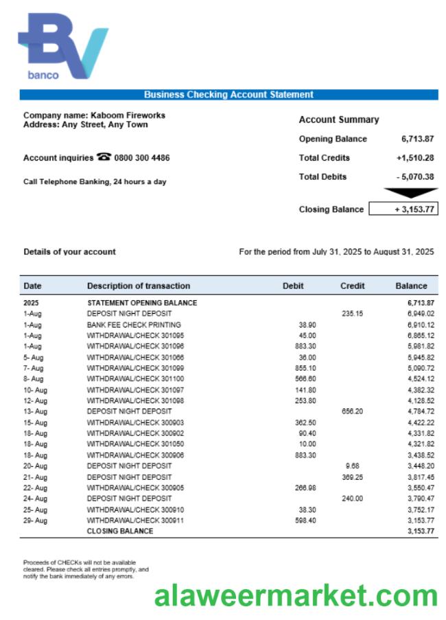 Banco Votorantim enterprise account statement Word and PDF template